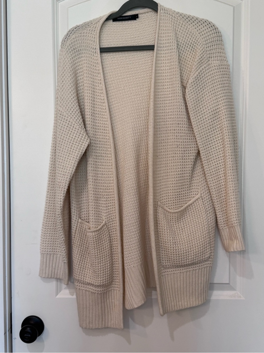 Women’s Cream Open-Front Waffle Knit Cardigan